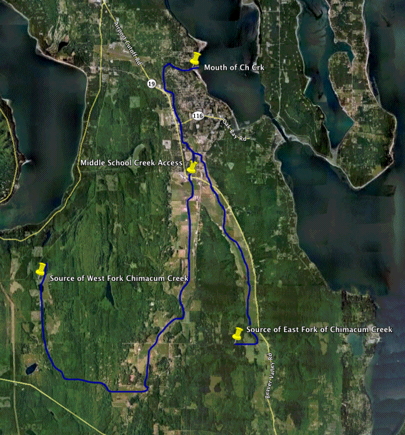 Slightly more detailed view of Chimacum Creek, both forks, as they lead to the mouth.