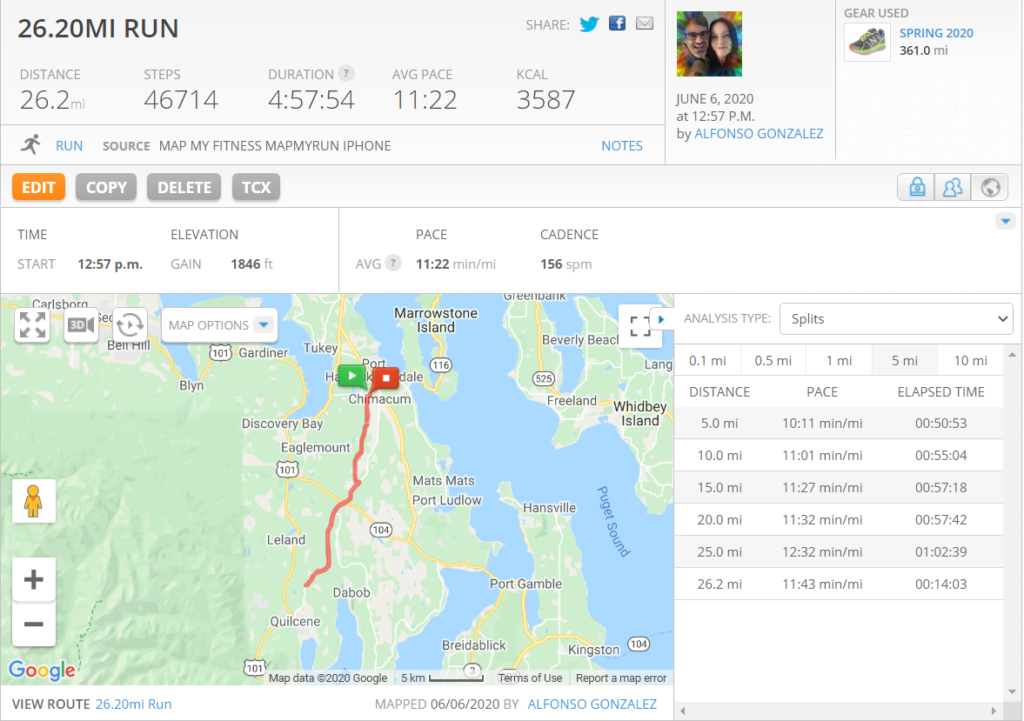Screenshot of the Map My Run record of my marathon run.