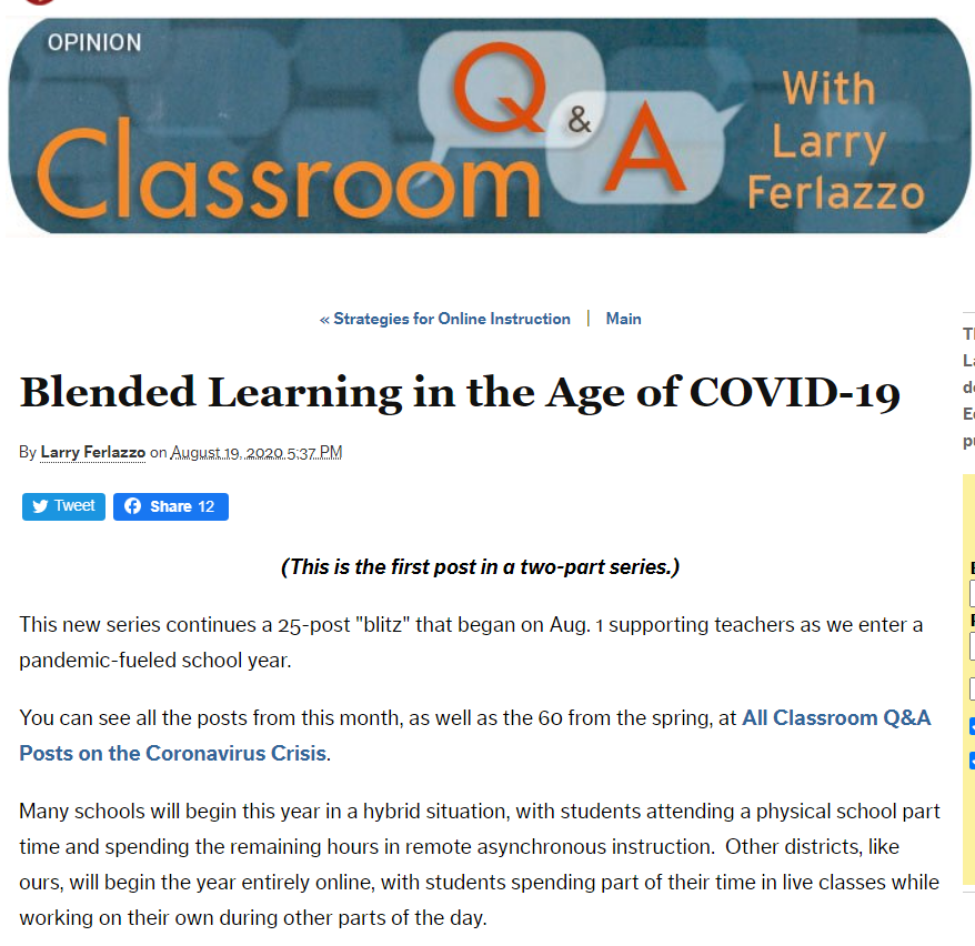 Screenshot of the EdWeek Blended Learning Blog post, the first part of it anyway.