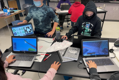 Photo of students using Minecraft for the 2021 Global Minecraft Challenge.