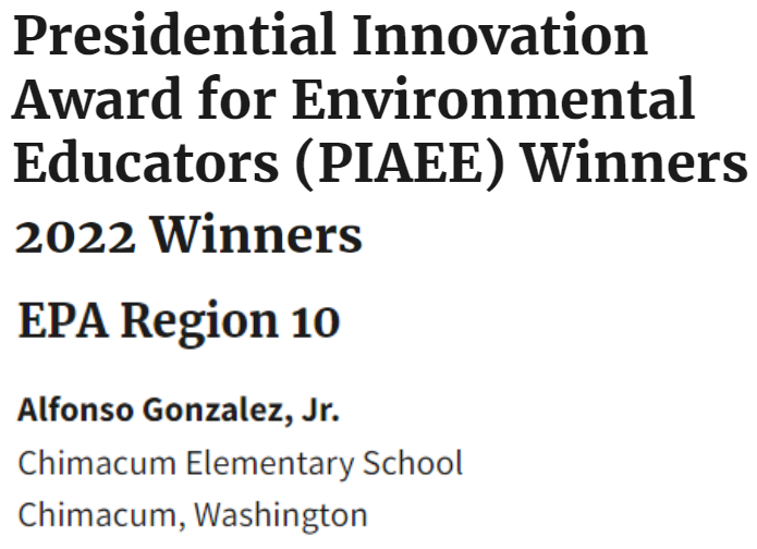 Screenshot from the EPA site on the Presidential Innovation Award for Environmental Educators with my name as the Region 10 winner.