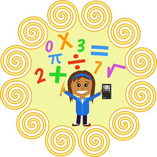Public Domain Vector image of a girl doing Math and surrounded by Math symbols.