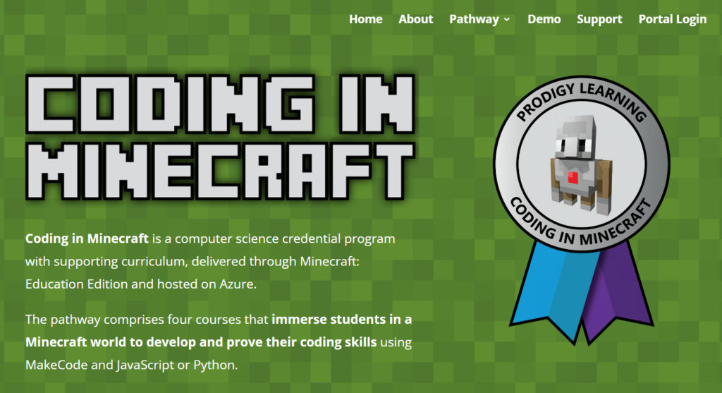 Screenshot of the Coding Credentials Coding in Minecraft homepage.