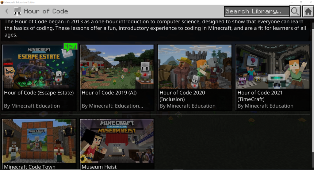 Screenshot of the Minecraft Education Edition Hour of Code library worlds/lessons.