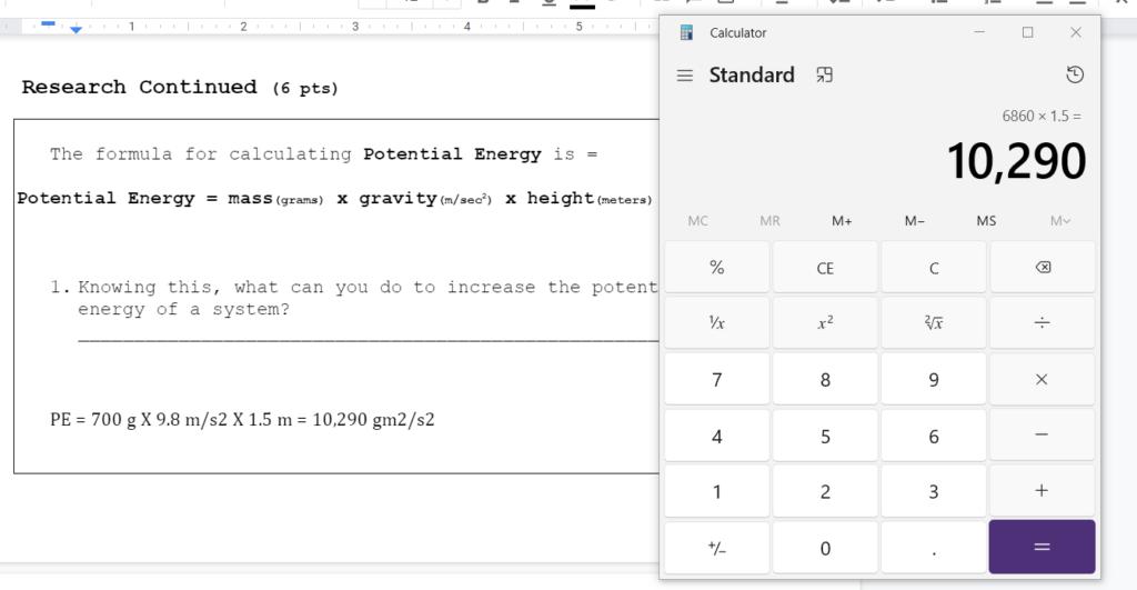 Screenshot of my potential energy calculations done by hand, well, with a calculator actually.