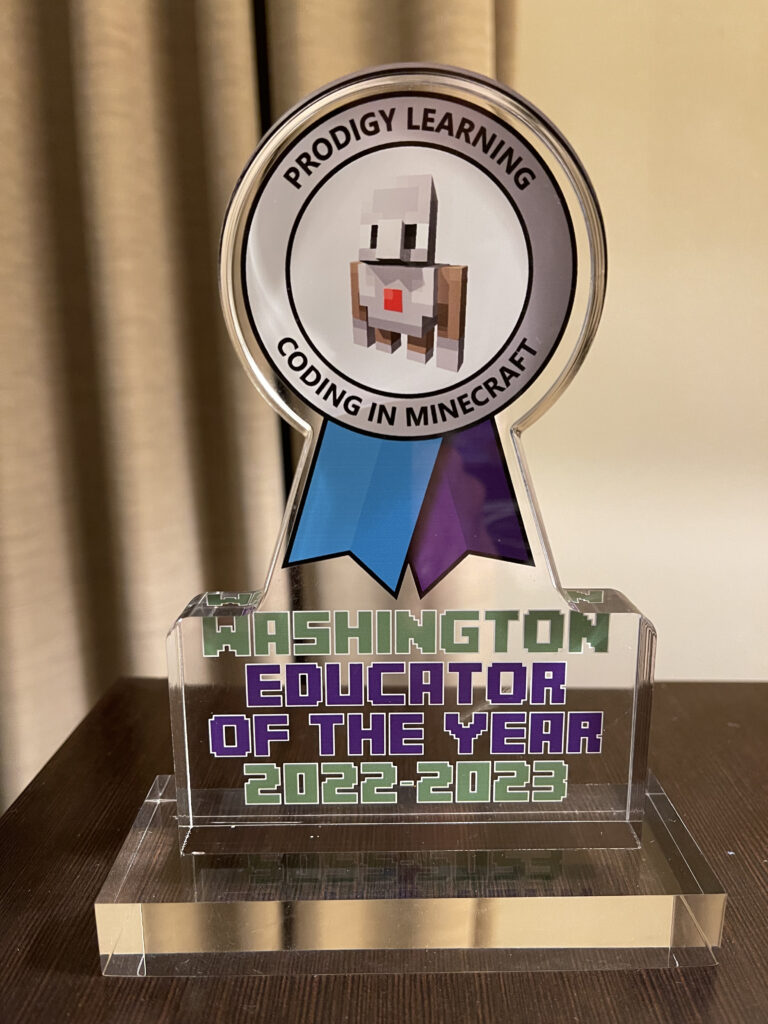 Photo of the Coding in Minecraft Teacher of the Year Award!