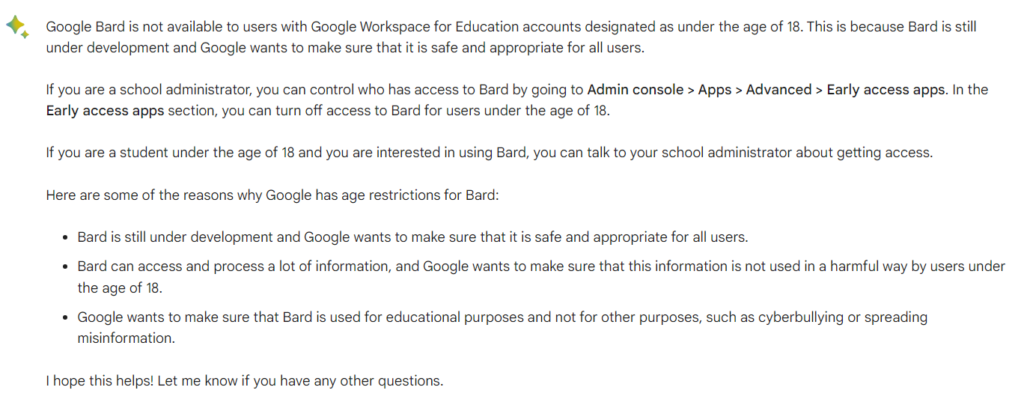 Screenshot of the response I got from Bard when I asked about age restrictions.