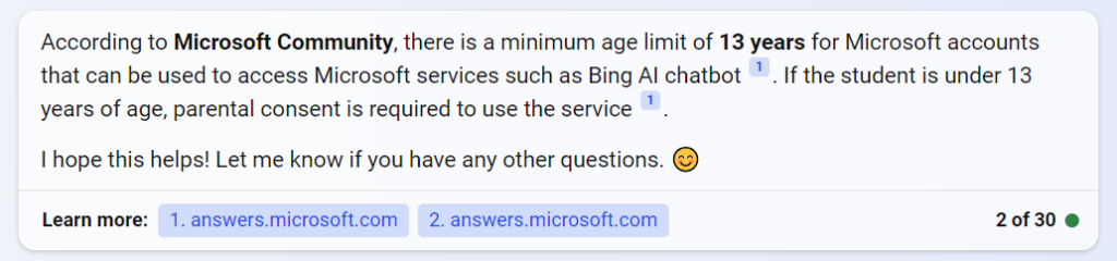 Screenshot of the response I got from Bing Chat when I asked about age restrictions.