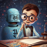 AI generated image of boy with glasses getting help with math by an AI Chatbot.