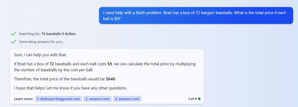 Bing Chat screenshot explaining how to solve a baseball math problem.