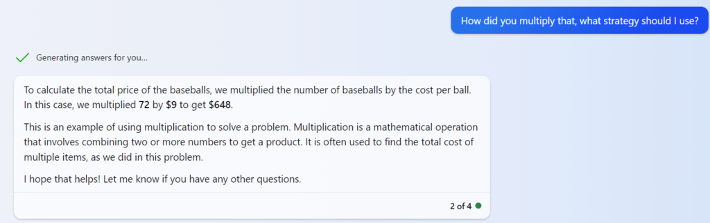 Bing Chat screenshot explaining how to solve Math baseball problem.