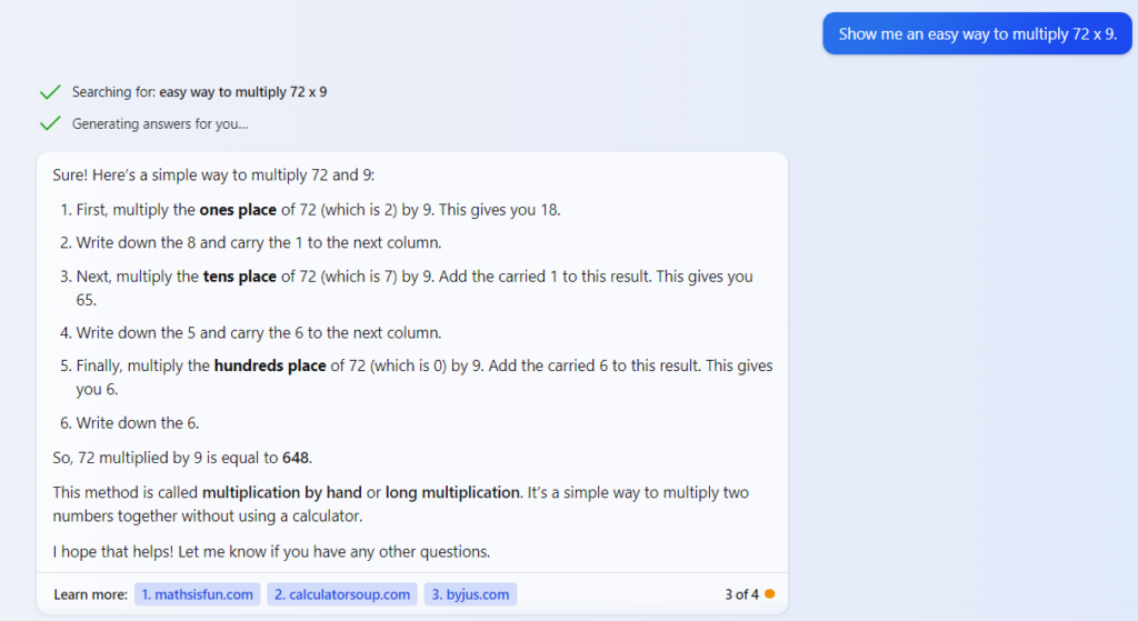 Bing Chat screenshot calculating 72 times 9