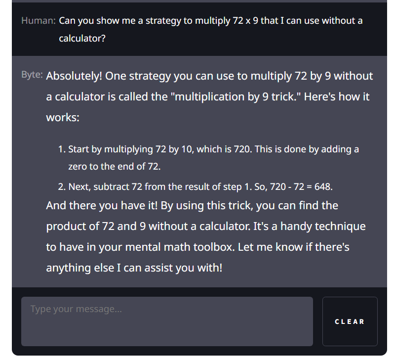 Screenshot of Math question using the CodeBreaker AI chatbot, part 2.
