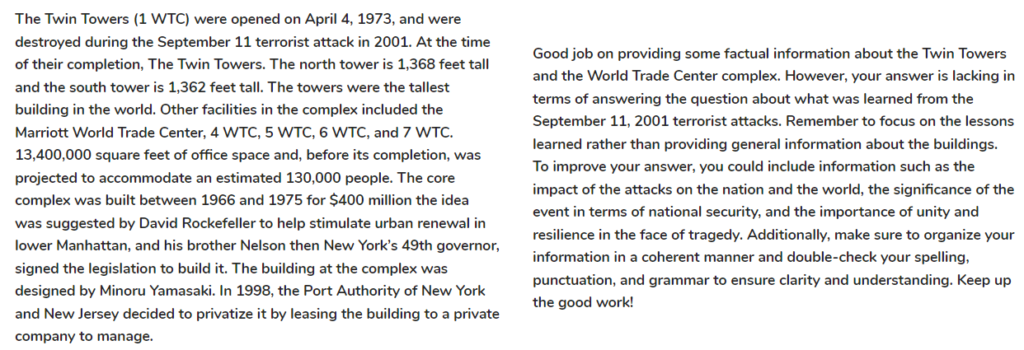 Curipod AI feedback to a student writing about 9/11. 3 of 7