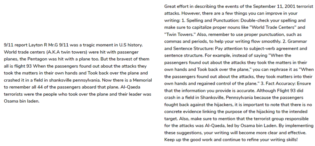 Curipod AI feedback to a student writing about 9/11. 7 of 7
