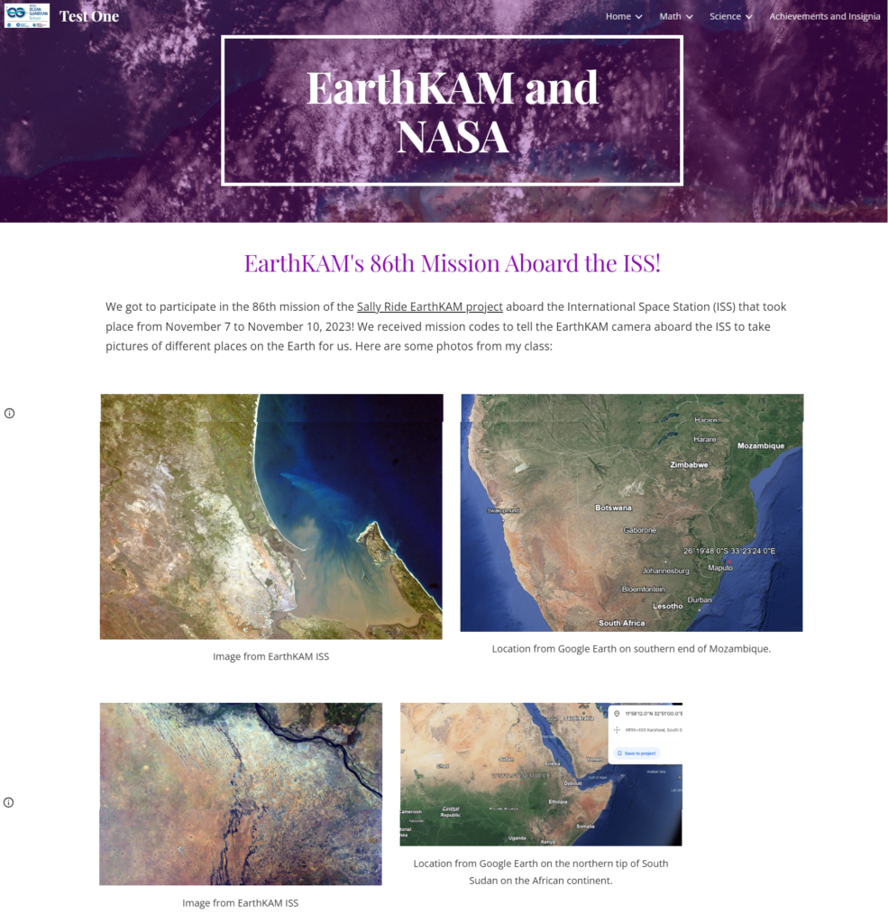 Screenshot of a test webpage showing students how to share their favorite EarthKAM images.