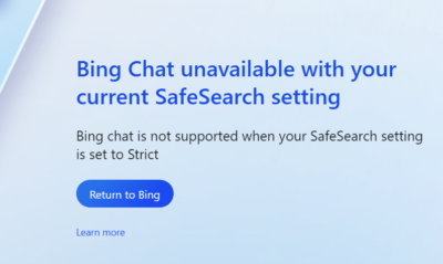 Screenshot of Bing Chat's message about safesearch settings. It cannot be set to strict search.