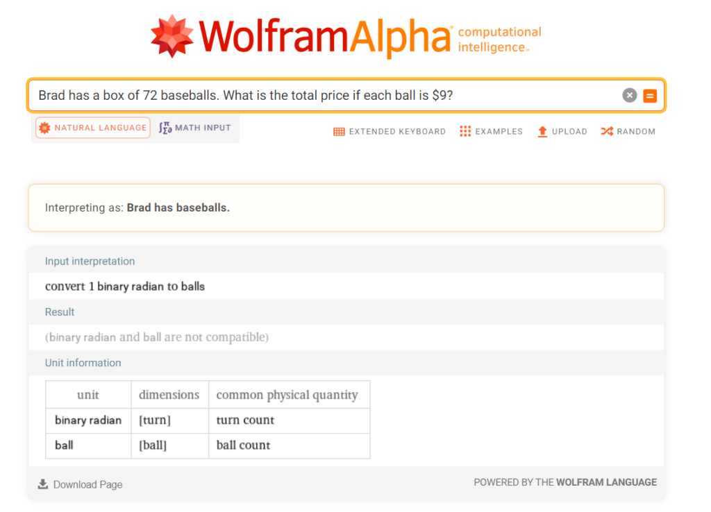 Wolfram Alpha screenshot solving a problem of 72 baseballs costing $9 per ball.