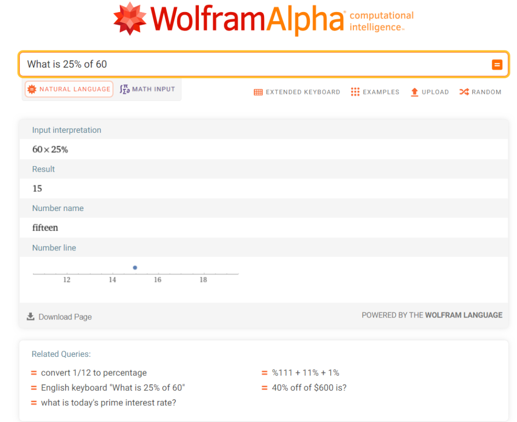 Wolfram Alpha screenshot solving 25% of 60.