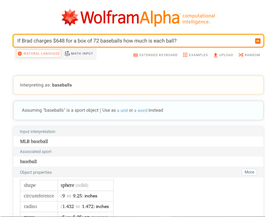 Wolfram Alpha screenshot solving 648 divided by 9 story problem.