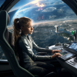 Midjourney generated image of a girl on a ship in orbit around the Earth.