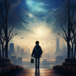 Midjourney AI generated image of a young boy walking towards a clouded city in the distance.