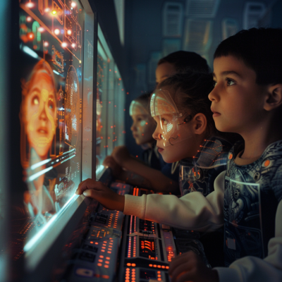 Midjourney Generated Image of kids accessing AI on computer screens.