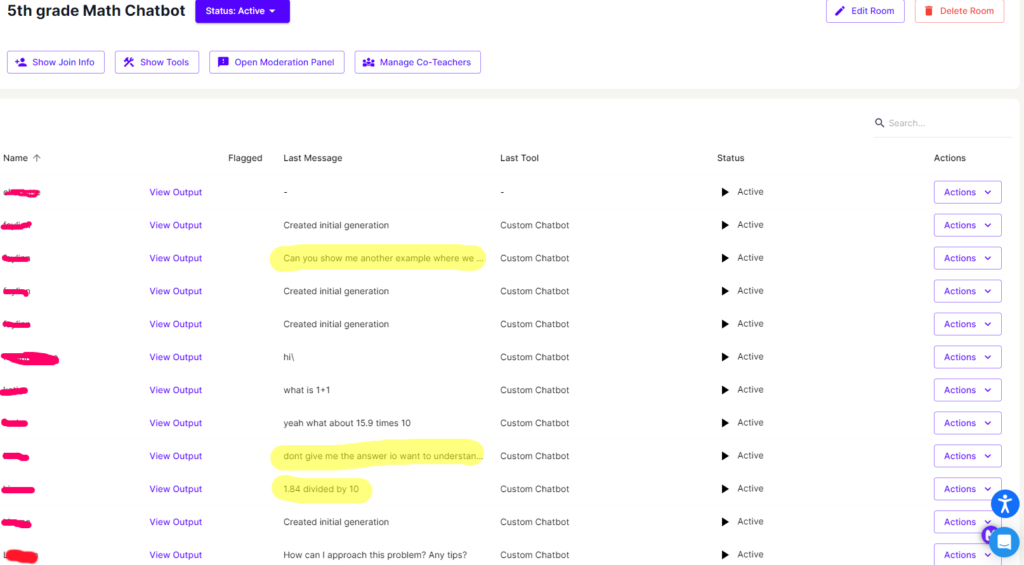 Screenshot of my Magic Student AI Math Chatbot session dashboard.