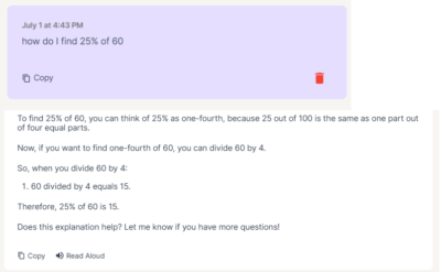 Screenshot of Magic School AI chatbot helping solve a Math problem.