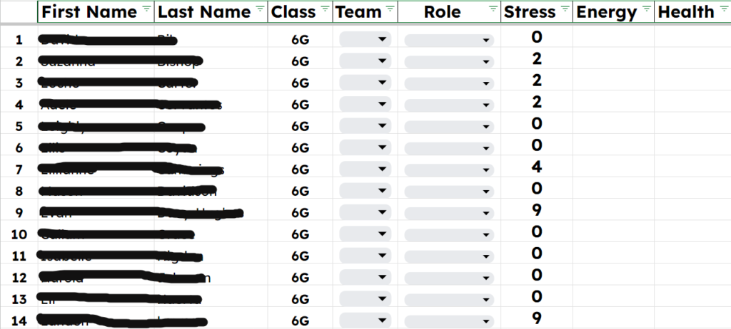 Role and Stress and Energy and Health Stats Sheet for Star Trek Game