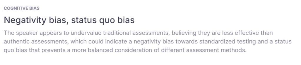 Screenshot of the negativity bias insight I got from the MirrorTalk AI assessment reflection.