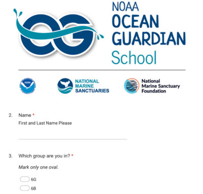 screenshot of the top of my Ocean Guardian School grant pre-eval survey pdf file.