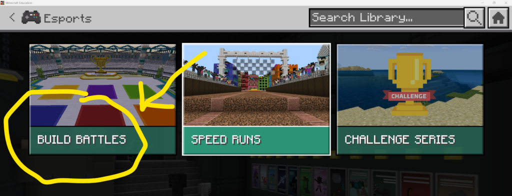 Screenshot of the Minecraft Education Esports kit to choose build battles.