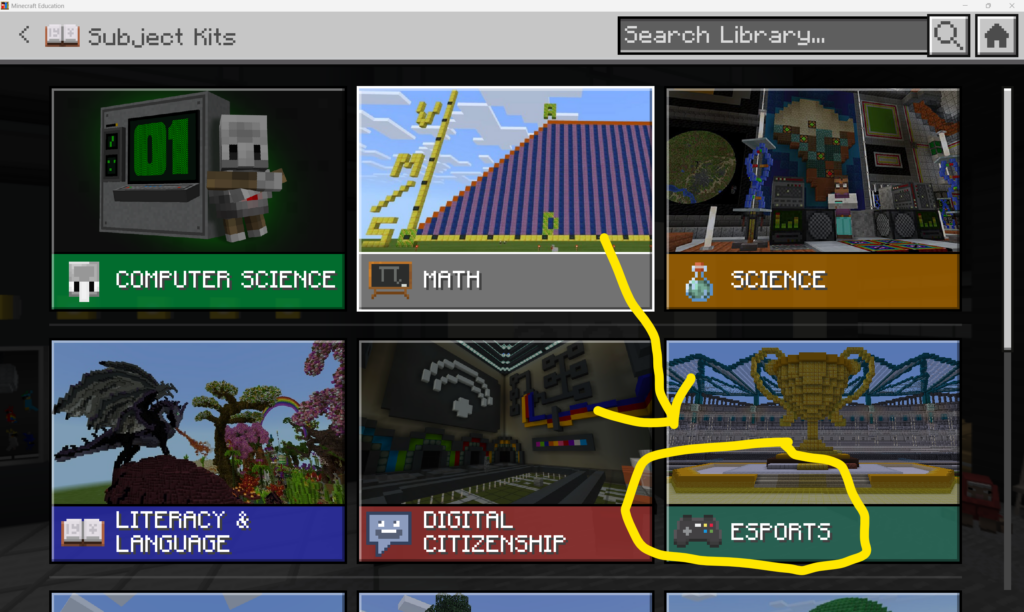 Screenshot of the Minecraft Education Esports subject kit.