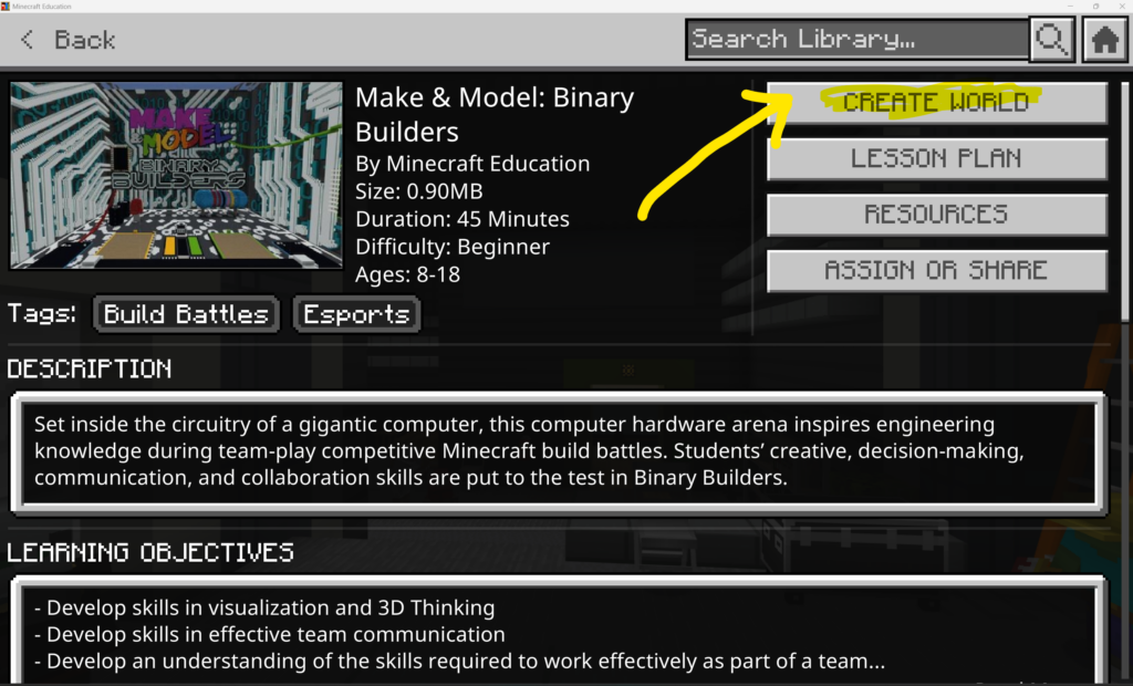 Minecraft Education screenshot of the Make-n-Model Binary Builders world with Create World button showing.