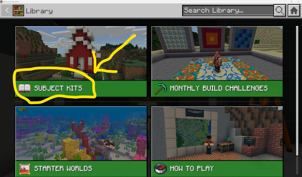 Screenshot of the Minecraft Education Library choices.