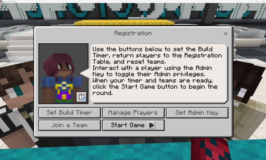 Binary Builders world registration NPC speech with choices for the game.