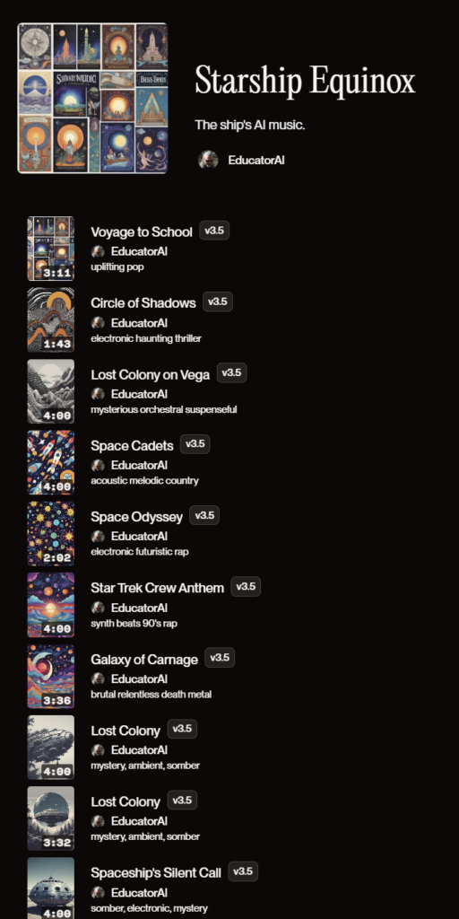 My Suno AI Starship Equinox playlist screenshot.