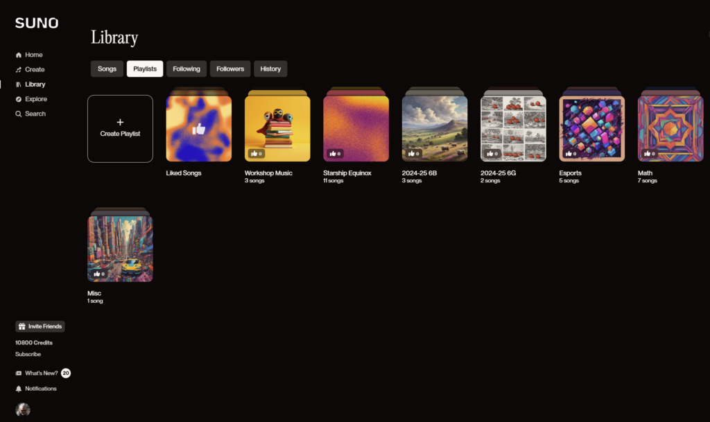 My Suno AI Library Playlists screenshot.