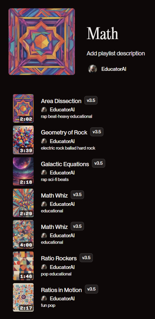 My Suno AI Math playlist screenshot.