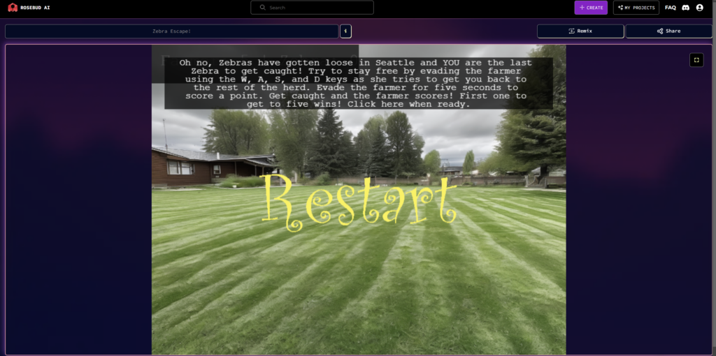 Screenshot of my Rosebud AI Zebra Escape game.