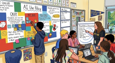 Cartoon class of students working with teacher to make classroom AI policy.