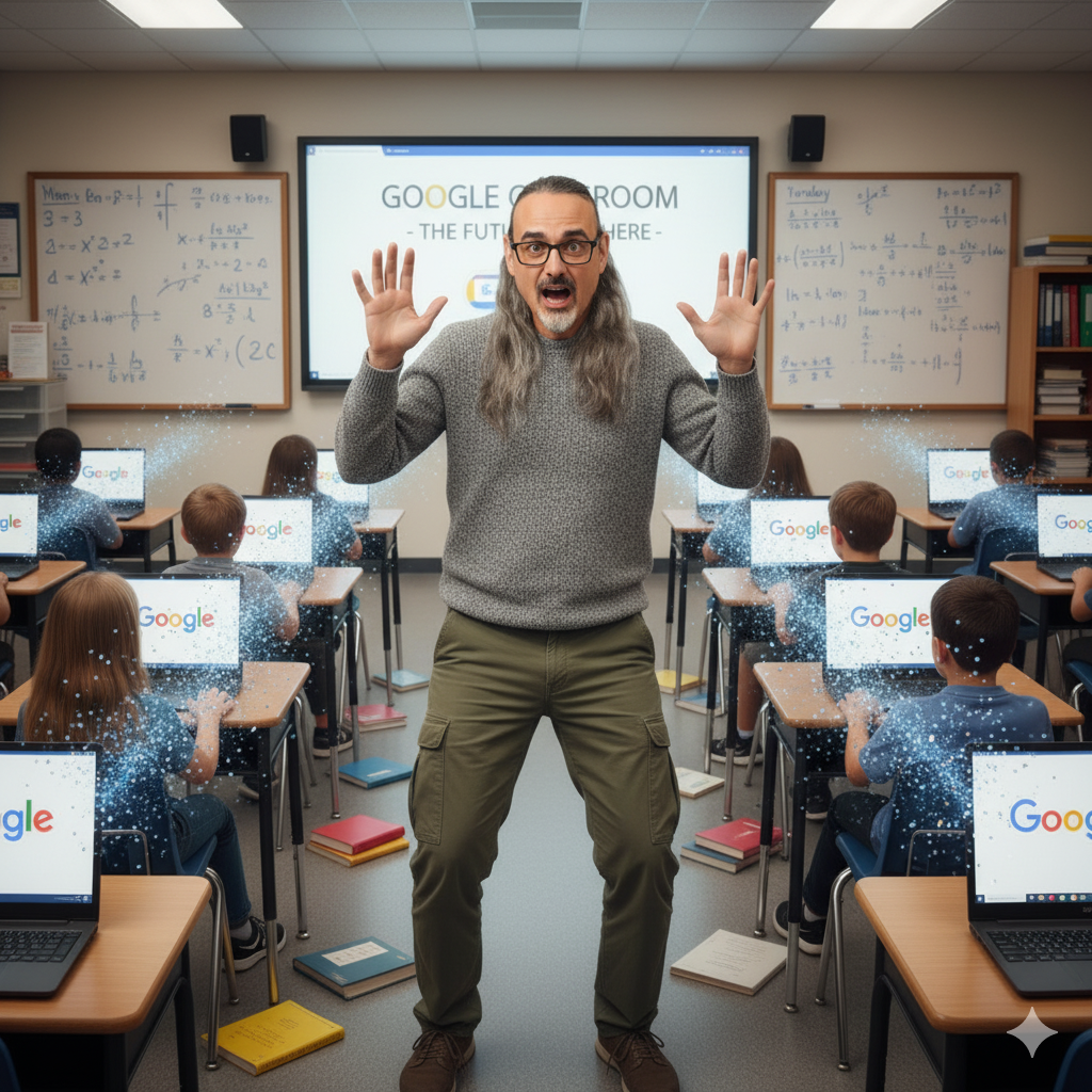 AI generated image using Gemini's Nano Banana of me freaking out over my students getting sucked in by Google.