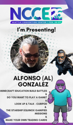 My NCCE26 Presenter Badge with five of my sessions and workshops.